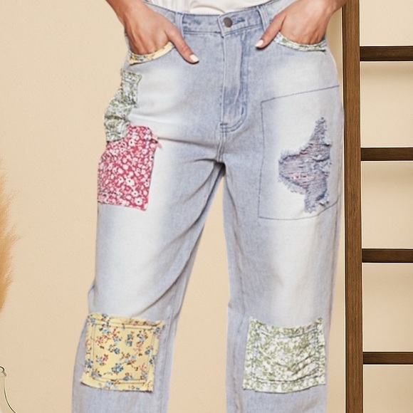 POL Floral Patchwork Jogger Jeans | Relaxed Fit Vintage Bohemian Denim - Picture 5 of 11